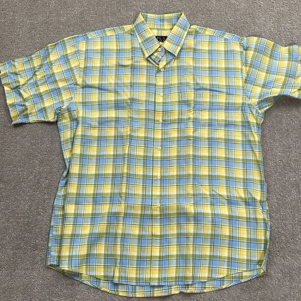 Jos A Banks Shirt‎ Men Large Yellow Green Blue Madras Plaid Linen Classic